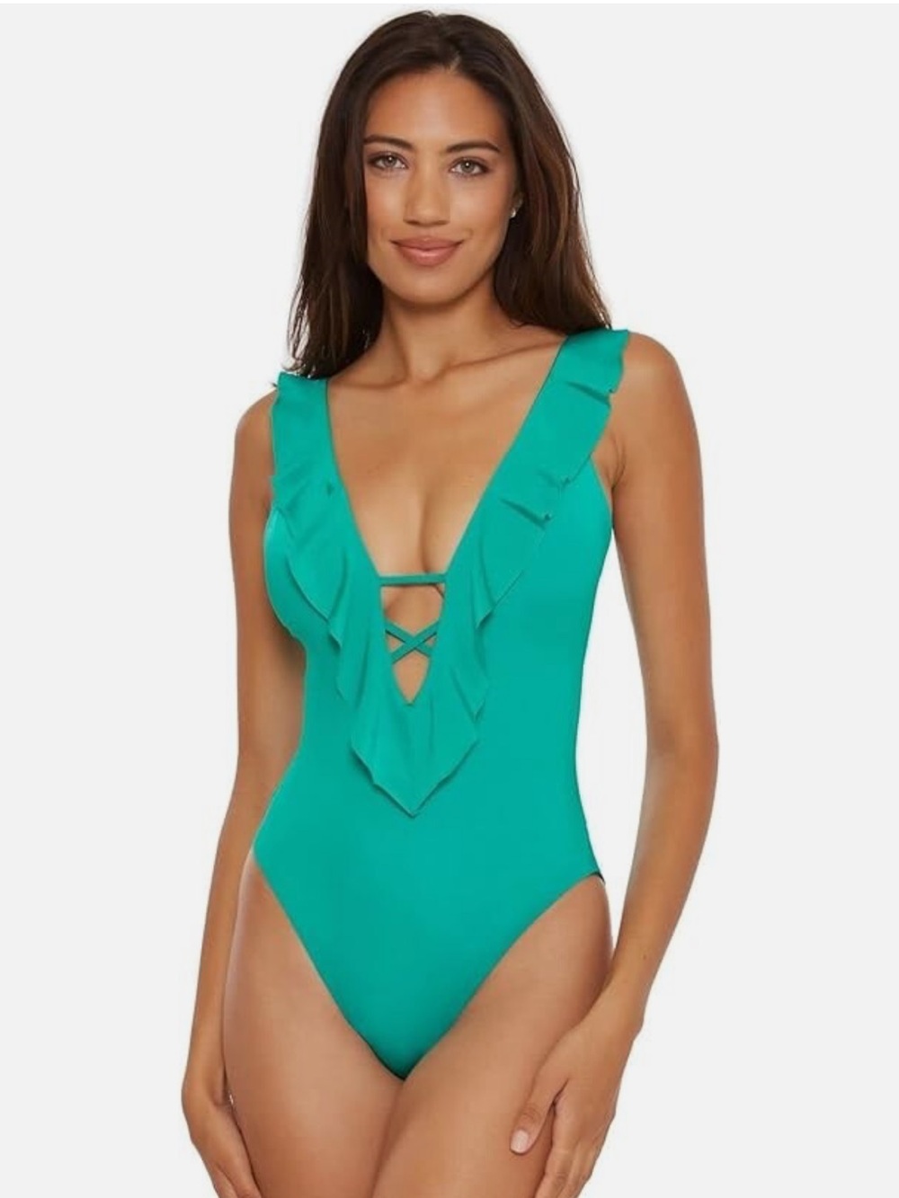 BECCA Teal Ruffle Plunge One-Piece Swimsuit Medium NWOT